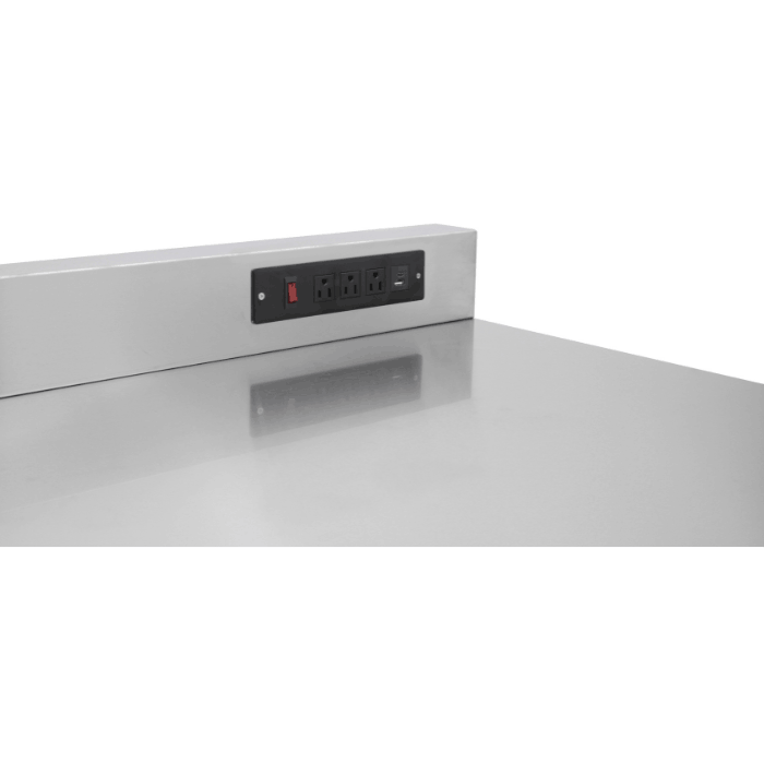 Stainless backsplash power strip detail on the black Dragonfire Pro Series workbench, DFT-WB-17 7FT
