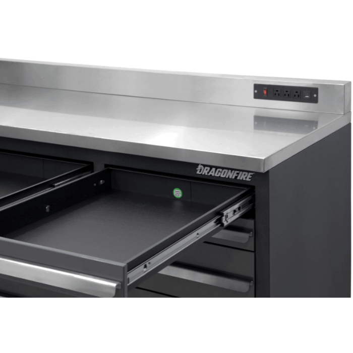 Stainless work surface close-up with open tray drawer on the gray Dragonfire Pro Series 7ft bench, model DFT-WB-17