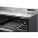 Stainless work surface close-up with open tray drawer on the gray Dragonfire Pro Series 7ft bench, model DFT-WB-17