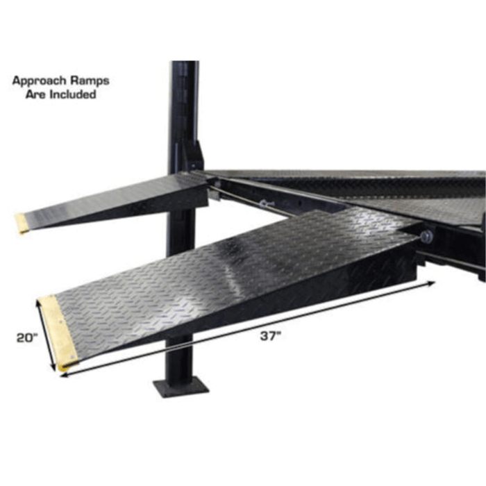 Steel approach ramps come included with the Atlas PRO8000 lift providing smooth and stable entry onto the diamond plated runways.