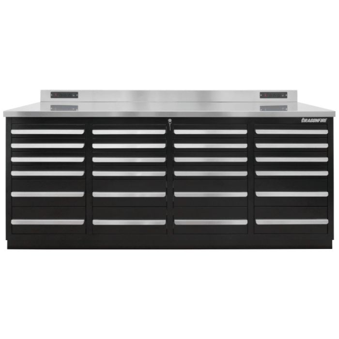 Straight-on front photo of the black Dragonfire Pro Series 7FT workbench with 24-drawer configuration and stainless steel work surface (DFT-WB-24)