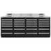 Straight-on front photo of the black Dragonfire Pro Series 7FT workbench with 24-drawer configuration and stainless steel work surface (DFT-WB-24)