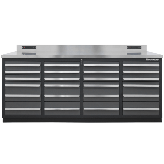 Straight-on front photo of the gray Dragonfire Pro Series 7FT workbench featuring 24 drawers and stainless backsplash (DFT-WB-24)
