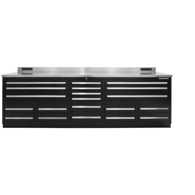 Straight-on front view of the black 20 drawer Dragonfire Pro Series 9FT workbench with stainless steel top and mixed drawer sizes, DFT-WB-20