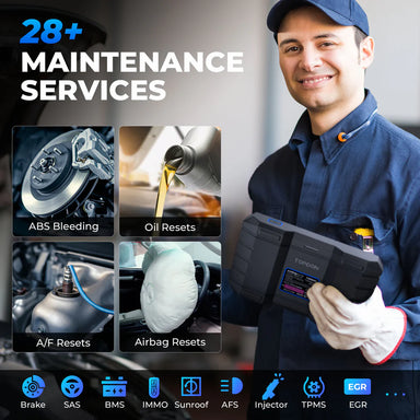 TOPDON ArtiDiag900 BT supporting 28+ maintenance services including ABS bleeding, oil reset, airbag, TPMS, and injector functions