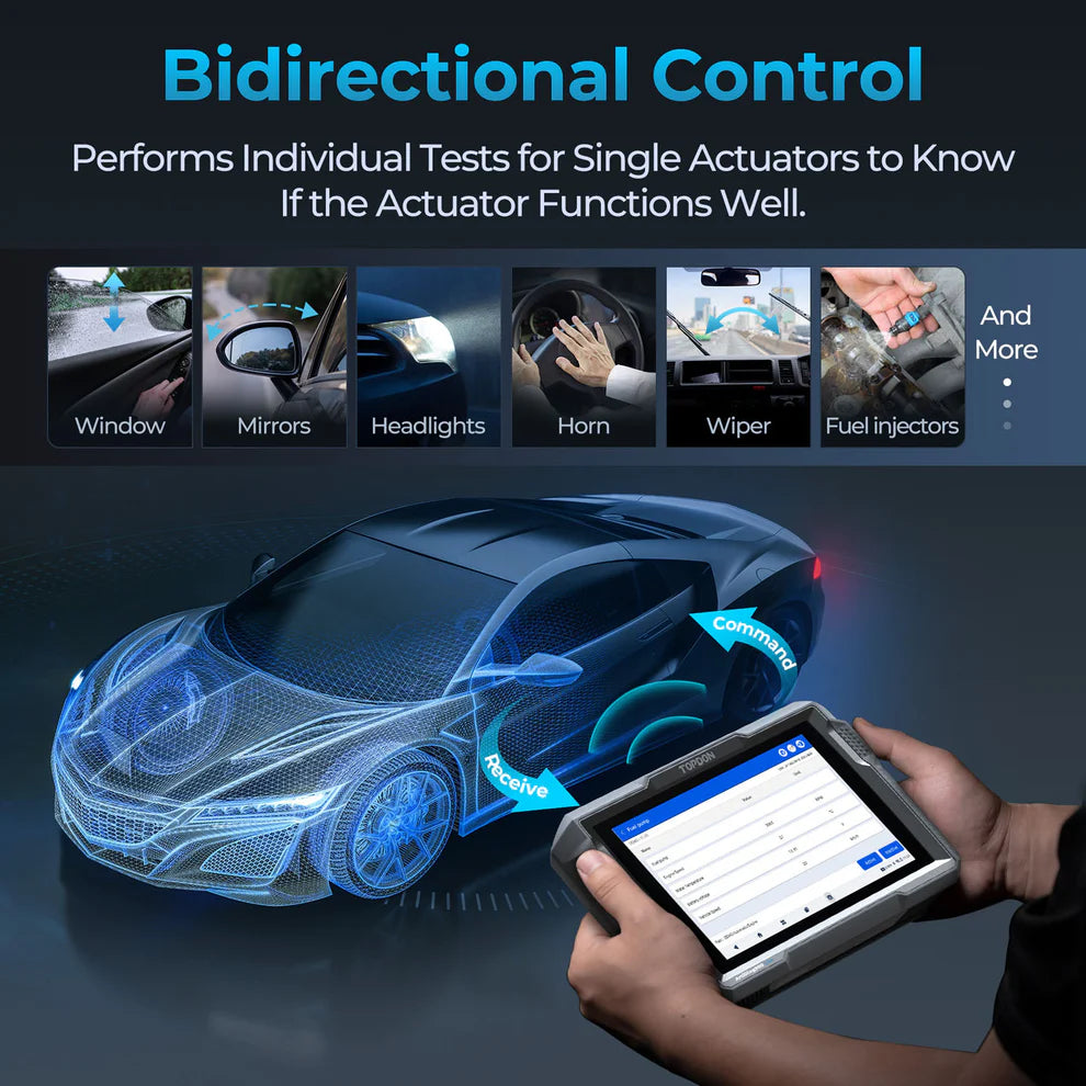 TOPDON ArtiDiag900 Lite bidirectional control testing windows, mirrors, headlights, wipers, and injectors