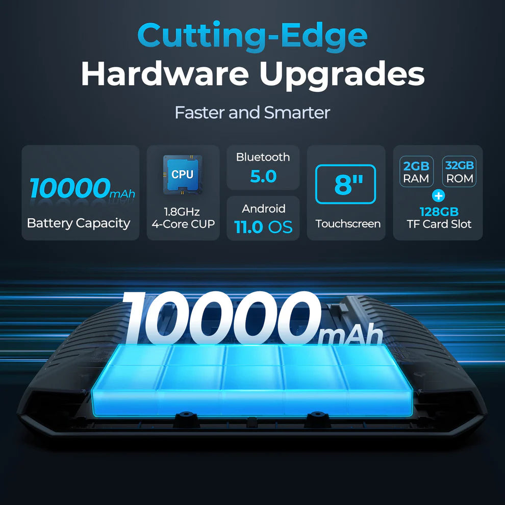 TOPDON ArtiDiag900 Lite hardware specs with 10000mAh battery, 8 inch touchscreen, and Android OS