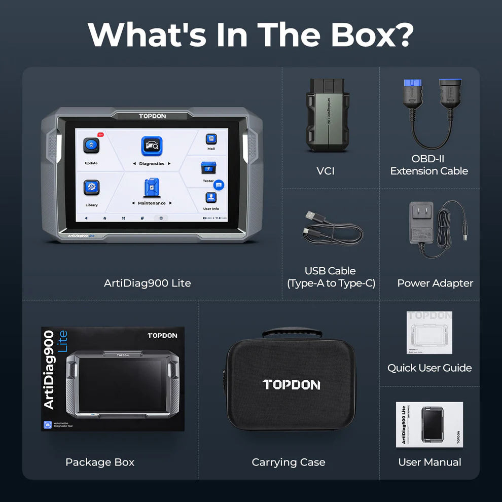 TOPDON ArtiDiag900 Lite package contents including scanner, VCI, cables, case, and manuals