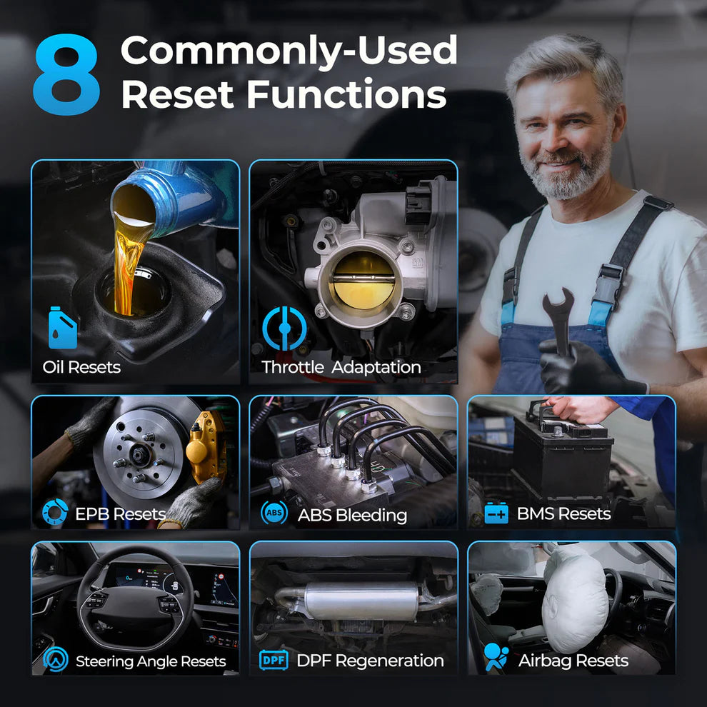 TOPDON ArtiDiag900 Lite reset functions including oil, EPB, ABS bleeding, BMS, DPF, and airbag resets