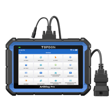 TOPDON ArtiDiag Pro automotive diagnostic scanner with touchscreen and OBD cable connected