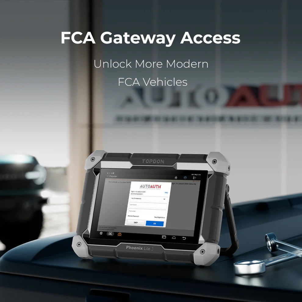 TOPDON Phoenix Lite 3 diagnostic scanner accessing FCA gateway for secure vehicle diagnostics