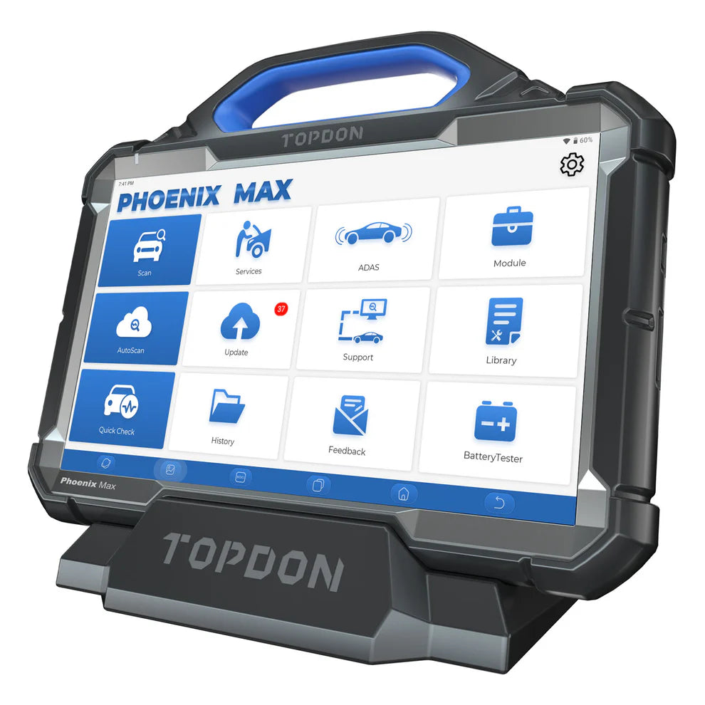 TOPDON Phoenix Max diagnostic tablet angled view showing main menu interface