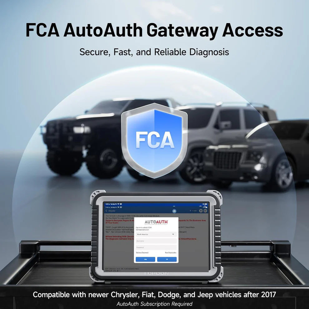 TOPDON Phoenix Plus 2 diagnostic scanner with FCA AutoAuth gateway access for secure diagnostics