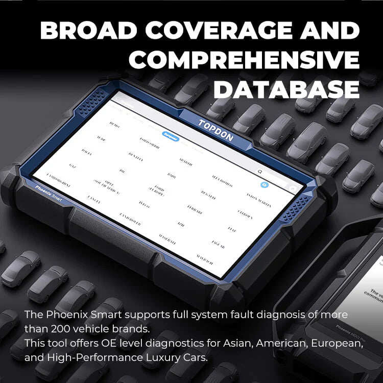 TOPDON Phoenix Smart automotive scan tool displaying broad vehicle coverage database