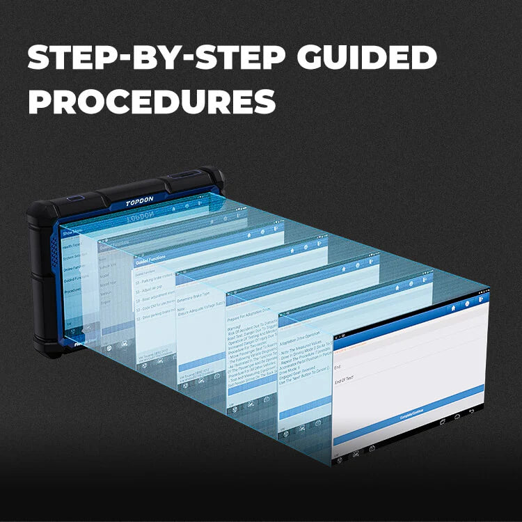 TOPDON Phoenix Smart diagnostic scanner showing step by step guided repair procedures