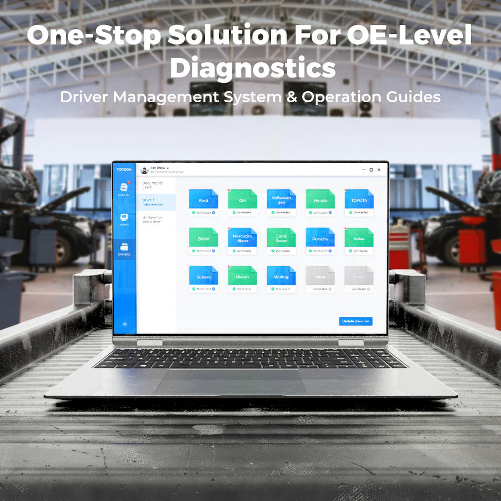 TOPDON RLink Lite OEM diagnostic software driver management system on laptop workstation