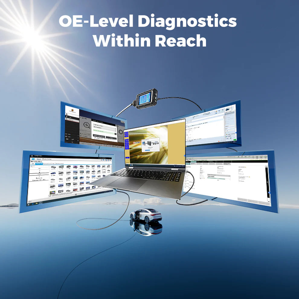 TOPDON RLink Lite connected to laptop providing OE-level diagnostics and programming access
