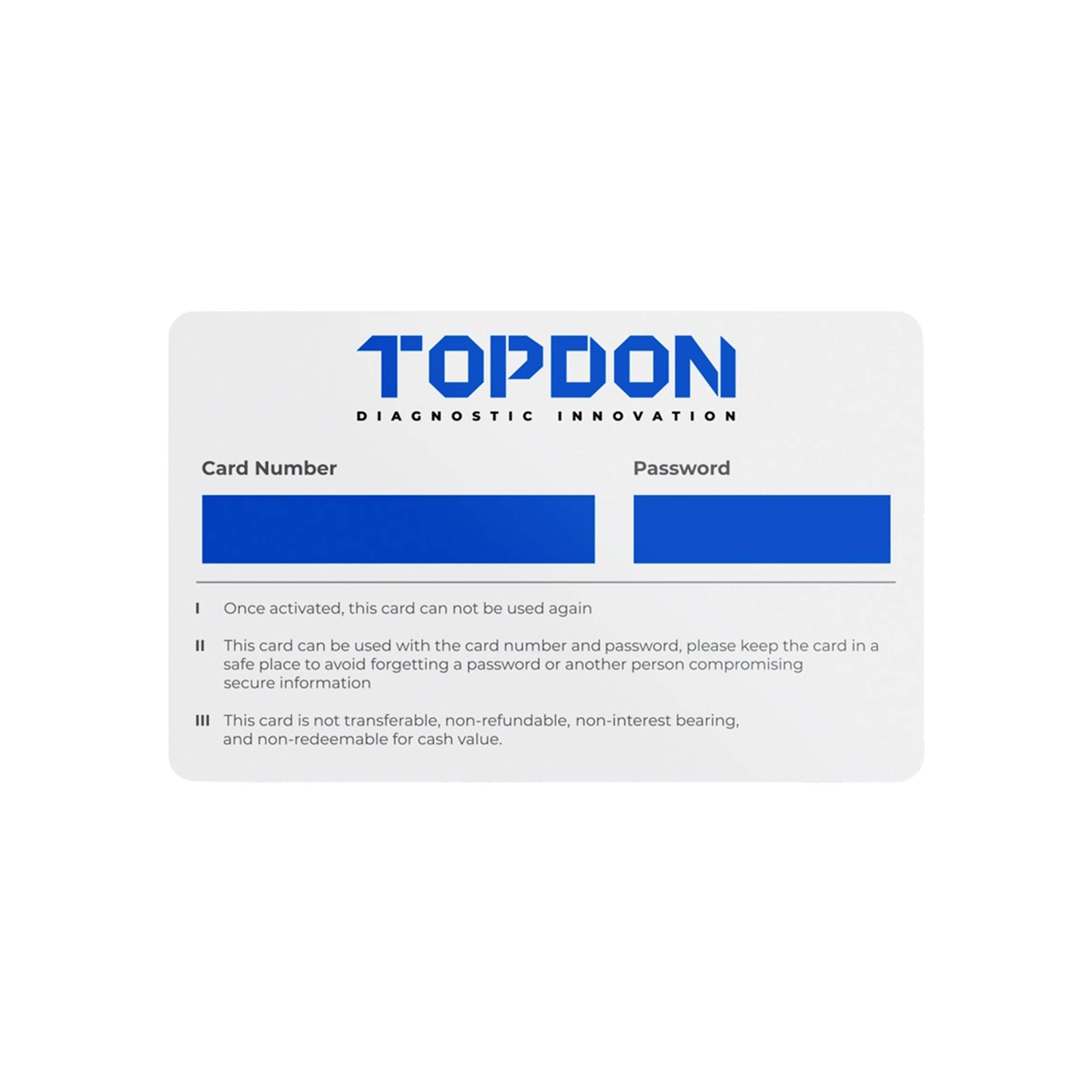 TOPDON Tesla diagnostic software activation card with card number and password fields