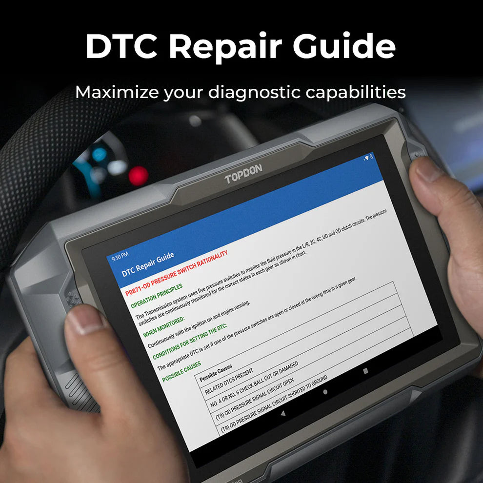 TOPDON UltraDiag DTC repair guide displaying fault code analysis and troubleshooting steps