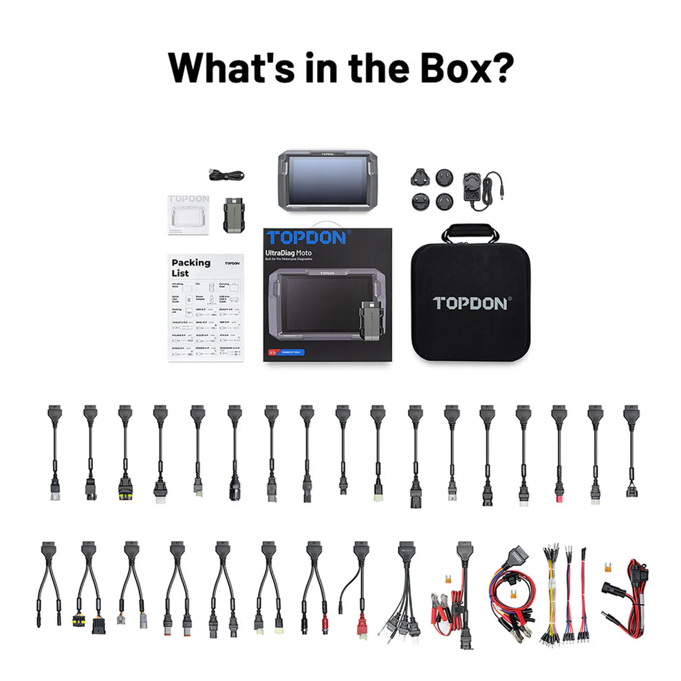 TOPDON UltraDiag Moto kit contents including tablet, adapters, cables, and case