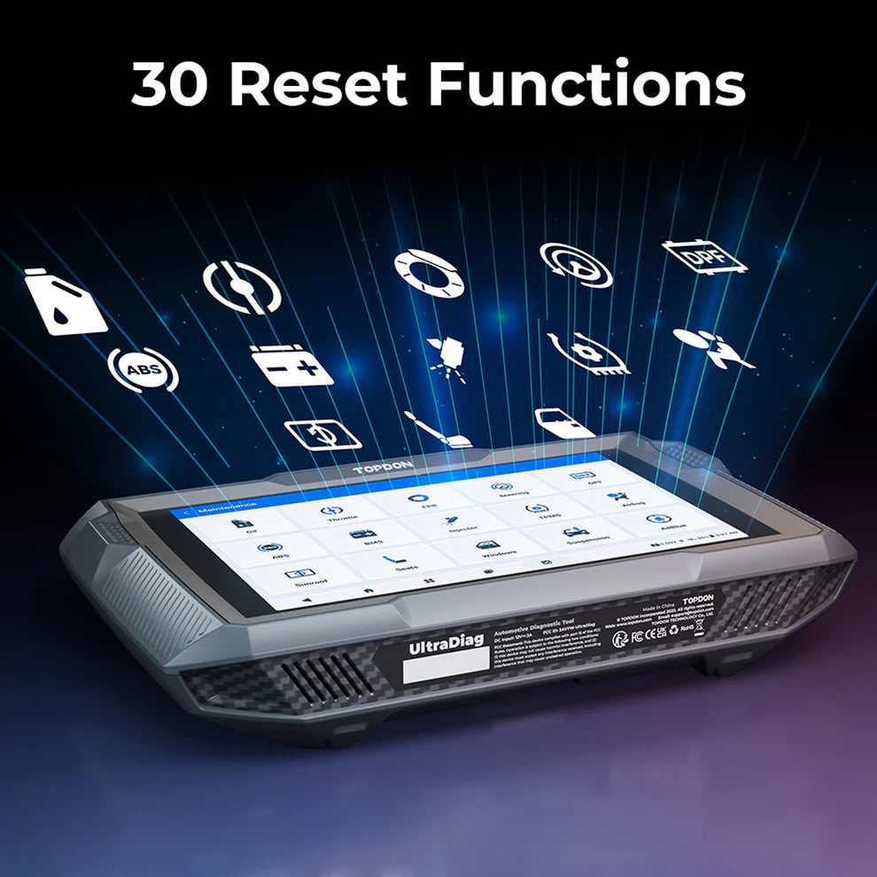 TOPDON UltraDiag diagnostic tool showing 30 maintenance reset functions and service icons