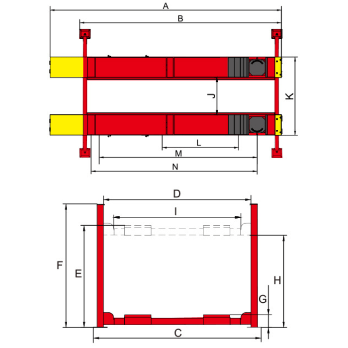 Technical diagram of AMGO PRO-14A 4 post lift dimensions and measurements