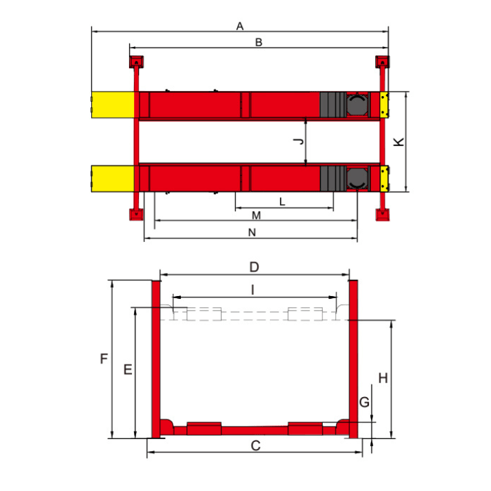Technical dimension diagram for AMGO PRO-12ASX 4 post alignment lift in red and yellow