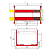 Technical dimension diagram for AMGO PRO-12ASX 4 post alignment lift in red and yellow