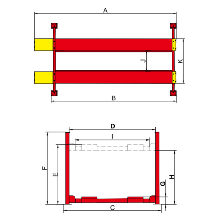 Technical dimension diagram of AMGO PRO-14E 4 post lift with labeled measurements A–K – heavy-duty commercial vehicle lift for shops