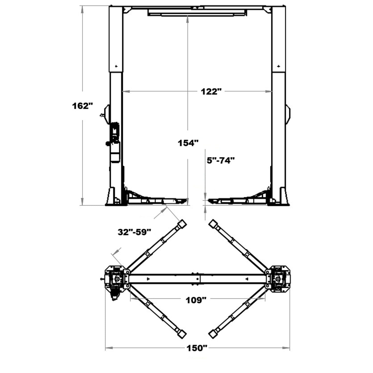 Technical drawing of Triumph 13,000 lb overhead 2 post lift NTO-13A with footprint and clearance dimensions