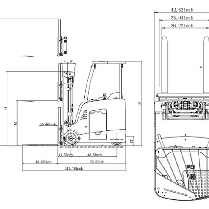 Technical drawings of Ekko EK18RF-Li forklift with detailed measurements for length, fork reach, and turning radius