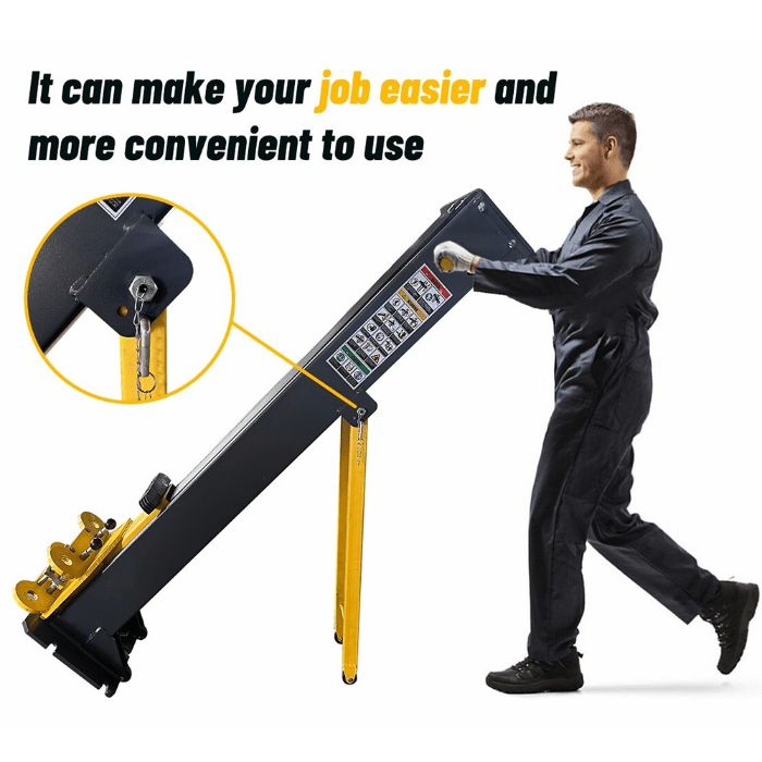 Technician tilting and moving the Katool PMRL200 8000lb Two-Post Auto Lift – portable lift column design with inset close-up of securing pin.