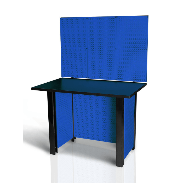 The Free Standing Pegboard Workstation with blue pegboard and no accessories