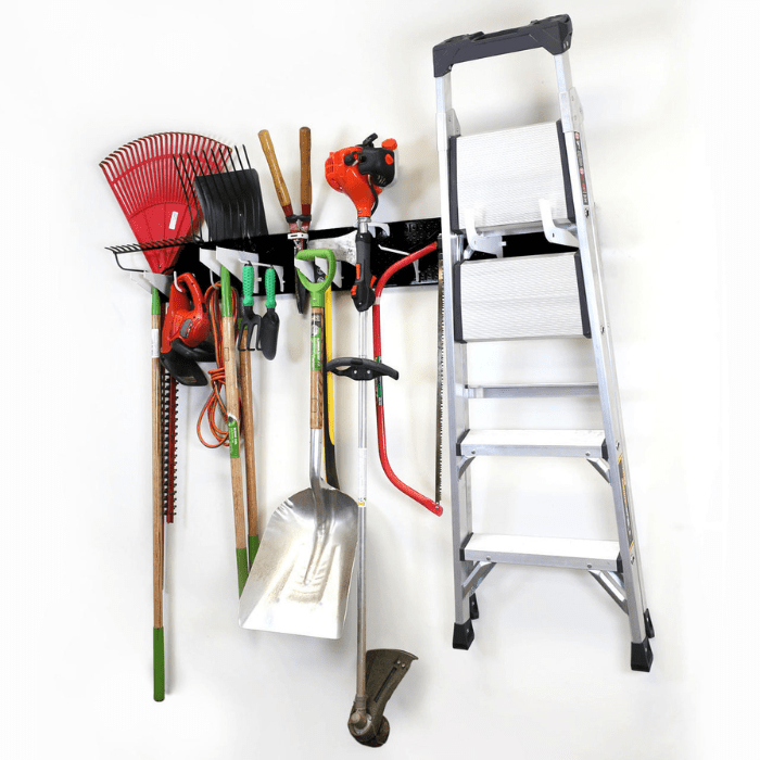 The Garage Storage Lawn Garden Tool Organization Wall Organizer with white accessories and black pegboard with tools