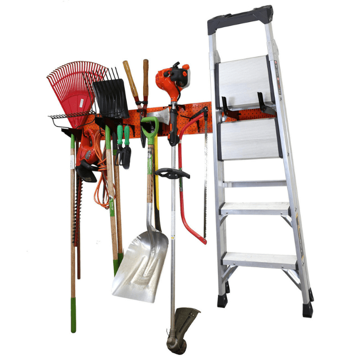 The Garage Storage Lawn Garden Tool Organizer Rack by Wall Control with an orange pegboard and black accessories with tools