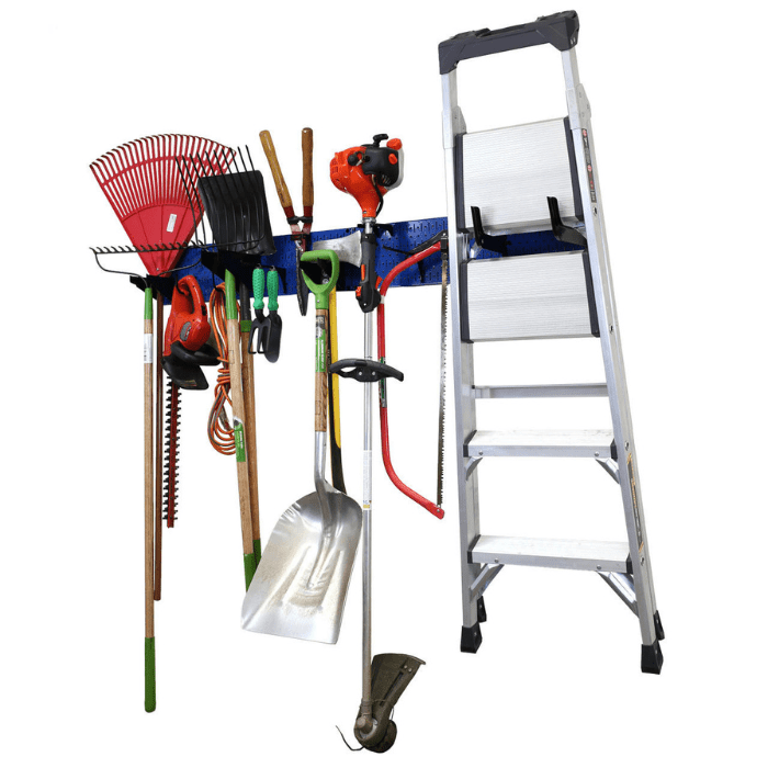 The Garage Storage Organizer Rack with a blue pegboard and black accessories with tools