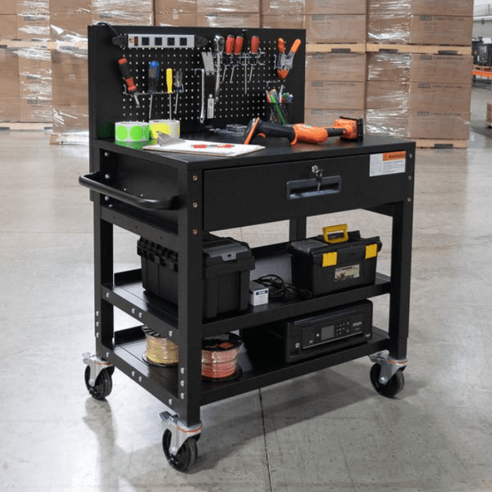 The Luxor Mobile Workstation in an industrial setting with tools front left side view