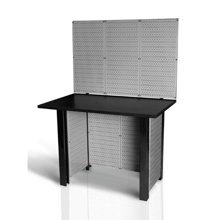 The Pegboard Free Standing Workbench with a gray pegboard and no tools or accessories