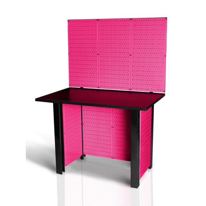 The Pegboard Free Standing Workbench with a pink pegboard and no tools or accessories