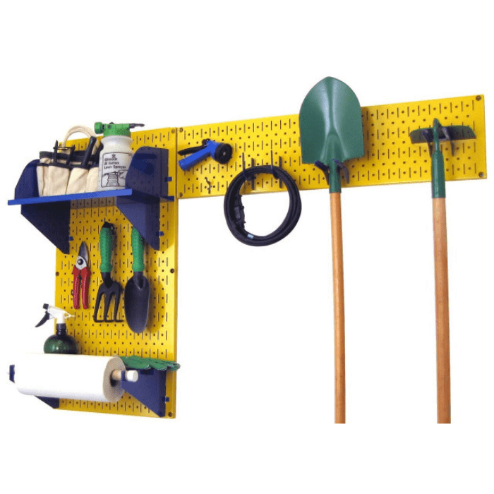 The Pegboard Garden Tool Board Organizer Kit - Pegboard with Accessories with a yellow pegboard and black accessories with tools