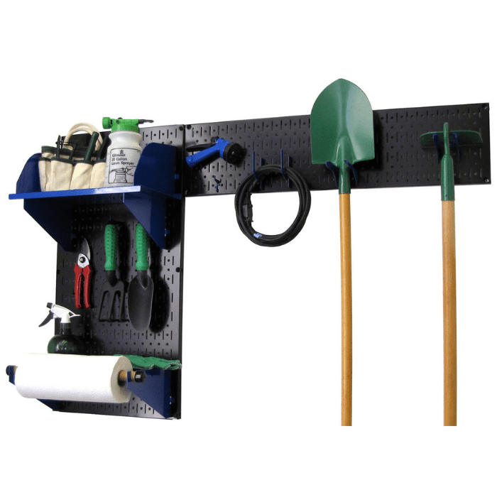 The Pegboard Garden Tool Board Organizer Kit by Wall Control with blue accessories and black pegboard with tools