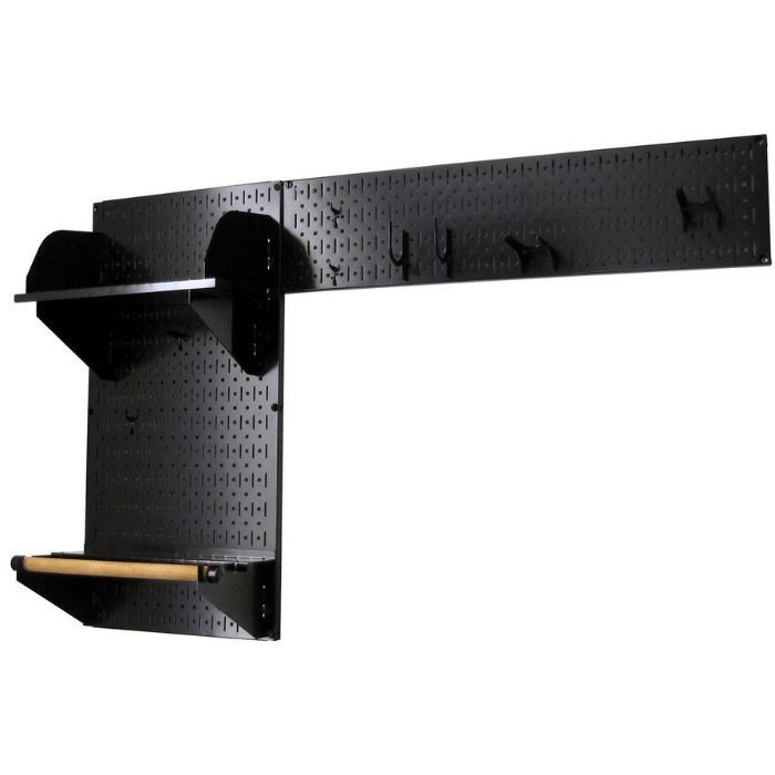 The Pegboard Garden Tool Organizer Kit with a black pegboard and black accessories with no tools