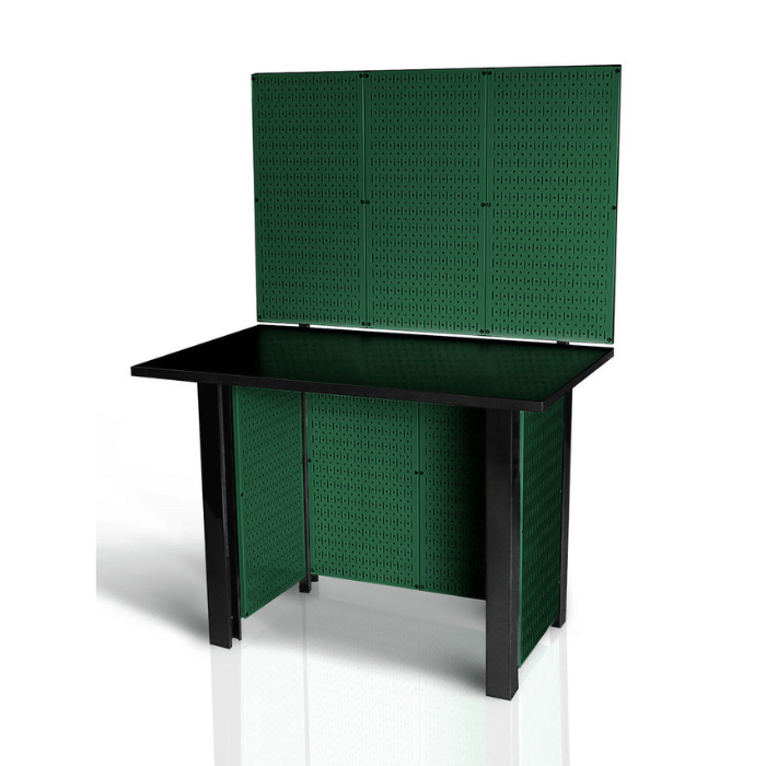 The Pegboard Workbench - Free Standing Pegboard Workstation with a green pegboard and no tools