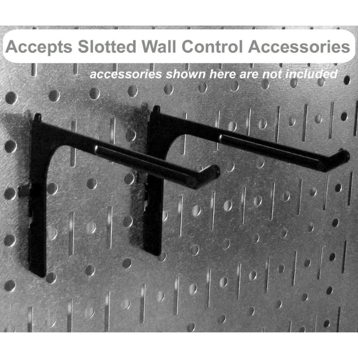 The 4ft Metal Pegboard Premium Storage Kit extended reach slotted pegboard hooks close-up view