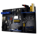 The 4ft Metal Pegboard by Wall Control with blue accessories and tools on each accessory