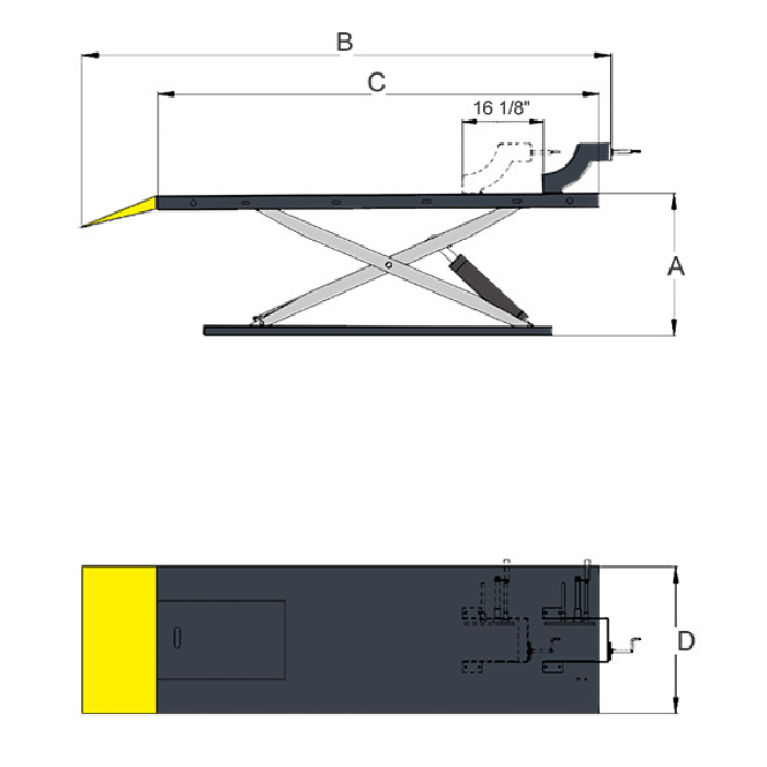 The AMGO MC-1200P pneumatic motorcycle lift table side and top view diagram with measurements