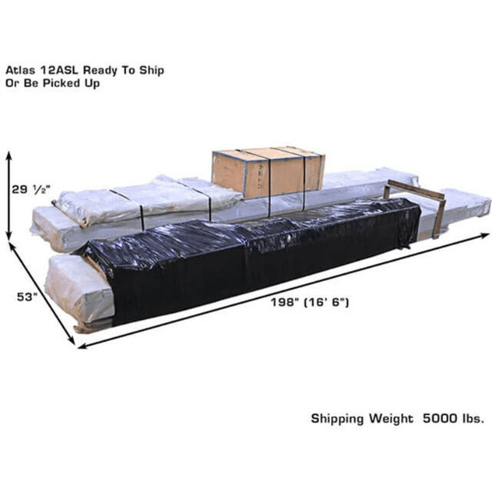 The Atlas 12ASL ships securely packaged with a total freight weight of 5,000 lbs.—measuring over 16 feet in length for safe transport.