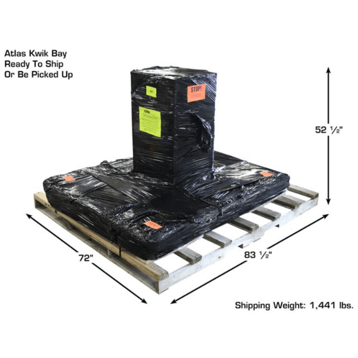The Atlas 7K-Kwik-Bay ships securely wrapped on a pallet, with a compact 72 x 83.5 footprint and a total shipping weight of 1,441 lbs—ready for fast delivery or warehouse pickup.