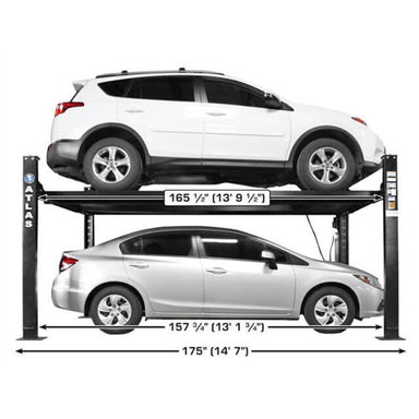 The Atlas Apex 8 showcases its long runways and wide clearance, making it easy to stack SUVs and sedans for smart, space-saving storage in compact residential garages.