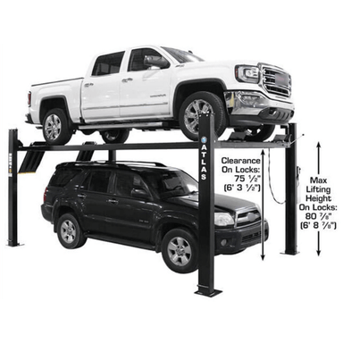 The Atlas Apex 9 four-post lift is shown here supporting two full-size vehicles with ease, emphasizing its generous clearance and lift height—ideal for storing taller trucks and SUVs in limited garage space.